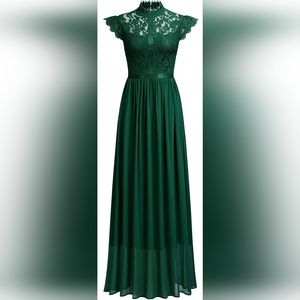 Green Floral Lace Cap Sleeve Evening Gown
